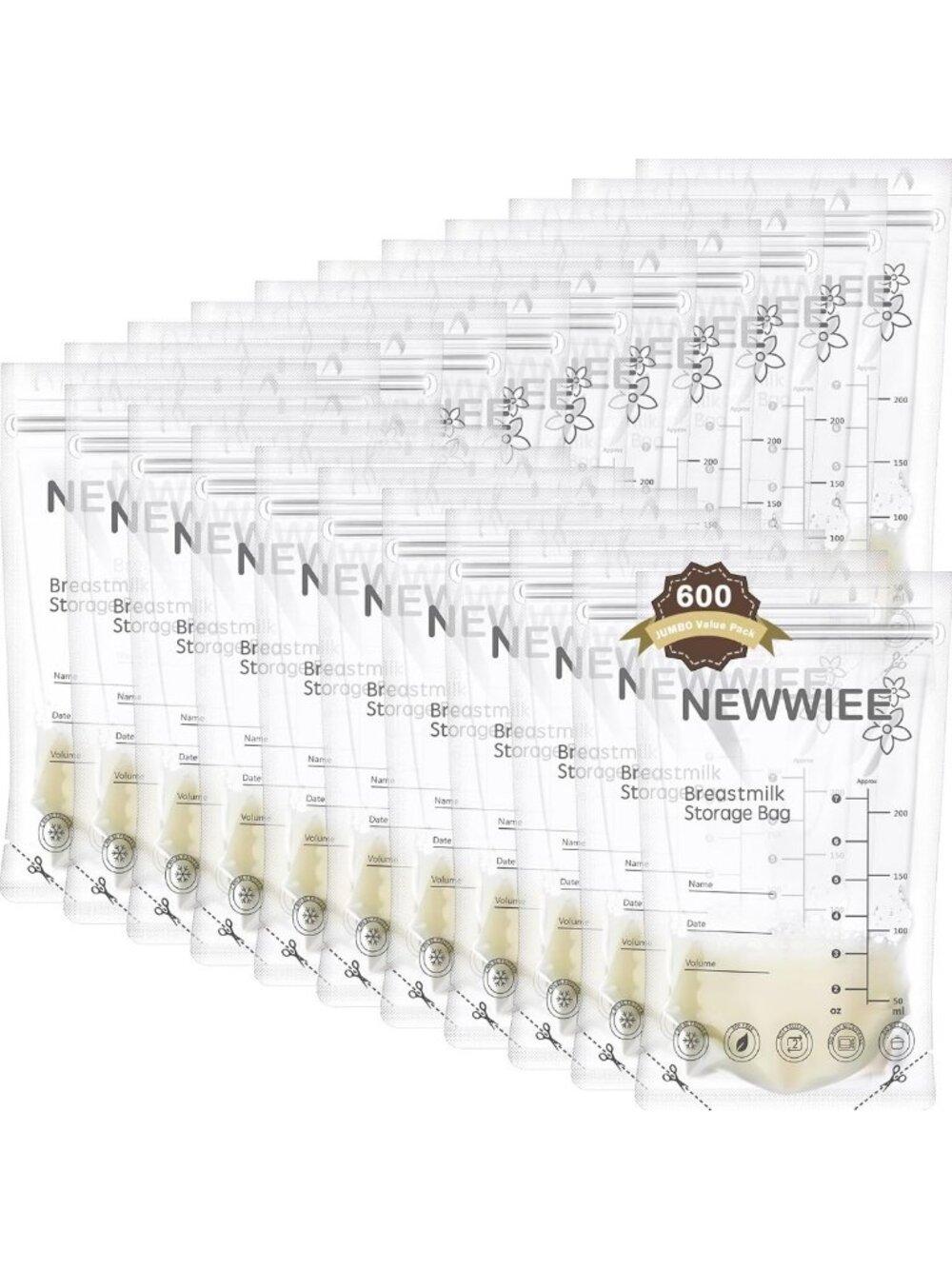 600 Count Breastmilk Storage Bags 7oz Self-Standing Freezer Safe, Gray